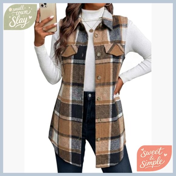 Women's Flannel Plaid Vest Jacket Fully-Lined Sleeveless Warm Casual Outerwear - Picture 3 of 7
